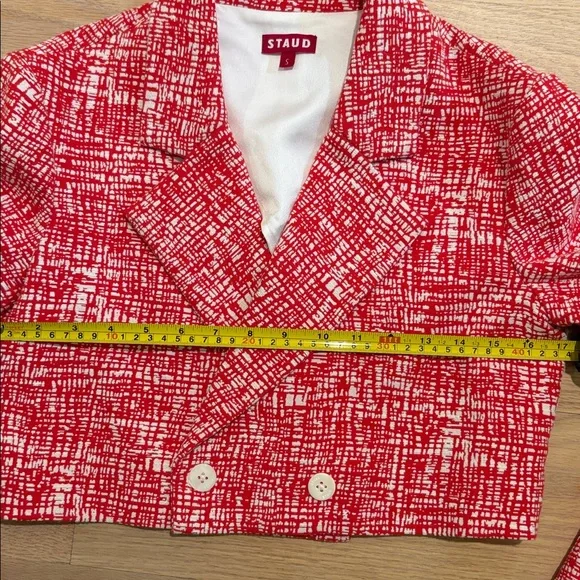 STAUD Textured Red and White Cropped Blazer - Picture 6 of 9